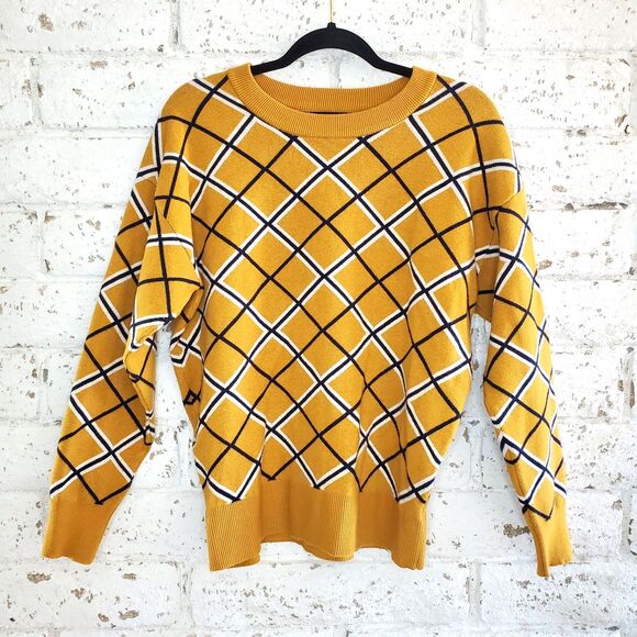 Tahari Crew Neck Yellow Womens Sweater Argyle Long Sleeve Striped Top SZ L - Picture 1 of 11